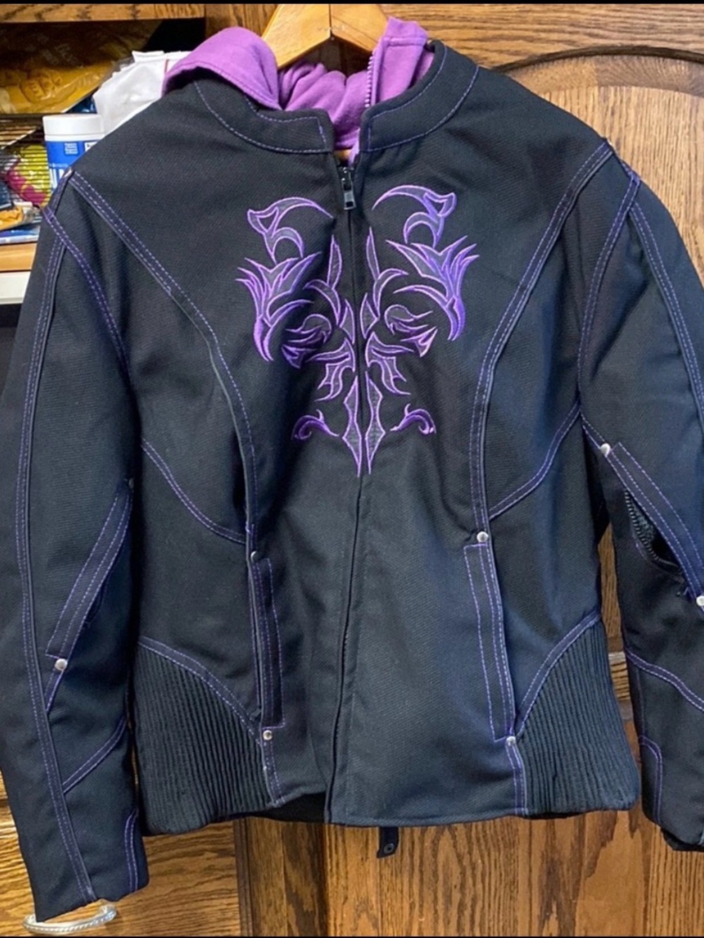Women's Black Leather Riding Jacket with Purple Accents